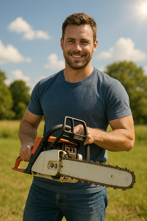 make an image of a guy holding a chainsaw on a sunny day.png